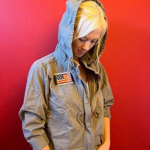 Green jacket.Roxy brand bomber style.XL size with a custom American flag patch.